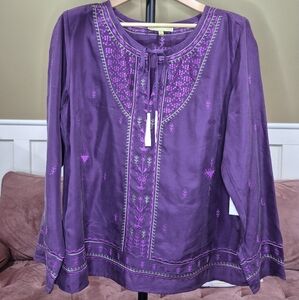 Sigrid Olsen 100% Silk Purple Embroidered Blouse